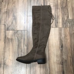 Taupe suede boots over the knee